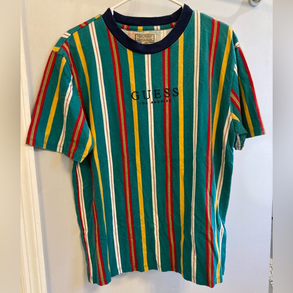 GUESS Originals Vintage Men's T-shirt Size Small Teal Striped Vertical